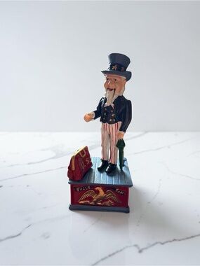Patriotic Uncle Sam Metal Bank on Decorative Base - Red, White & Blue